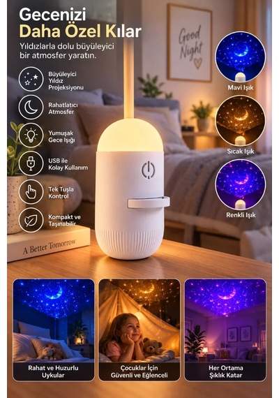 Romantik Atmosfer İçin Ay Yıldız Projeksiyonlu Gece Lambası Standart