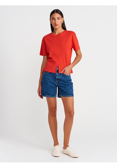 Dilvin 31874 Yırtmaç Detaylı T-shirt-kırmızı Kırmızı
