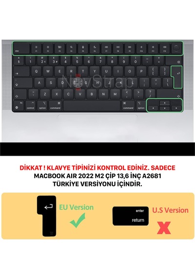 Apple Uyumlu MacBook Air 2022 13.6" M2 A2681 Klavye Koruyucu Kılıf Siyah