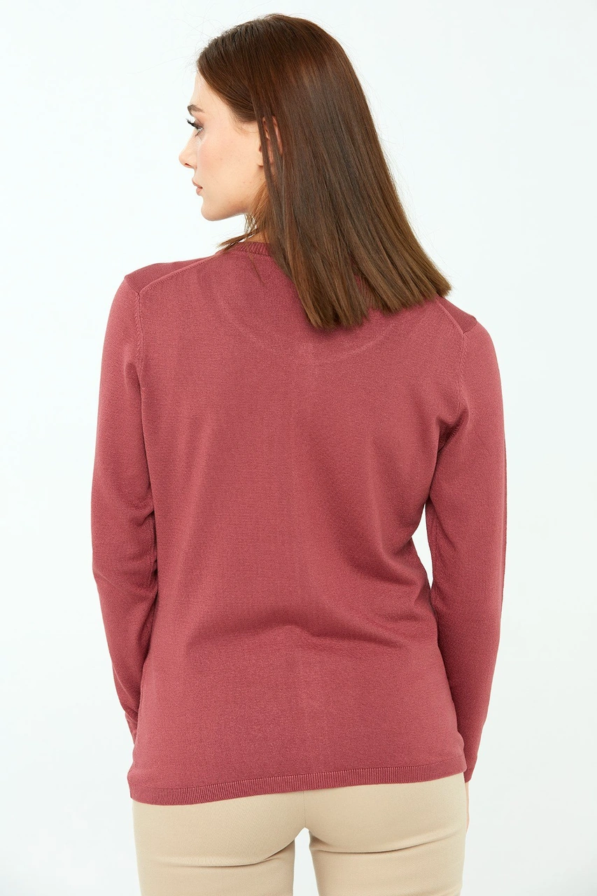 Desen Triko Kadın Likralı Basic Uzun Kollu Sıfır Yaka Hırka Gül Kurusu Gül Kurusu