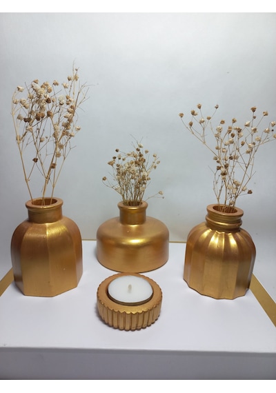 Modern Minimal Vazo Set 3'lü, Ev & Ofis Hediyelik, Dekoratif Obje, Gold