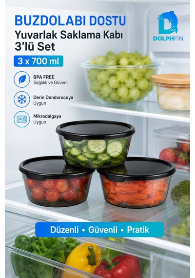 3 Lü Yuvarlak Saklama Kabı Seti 3x700 Ml Füme Şeffaf Siyah Kapaklı Bpa İçermez