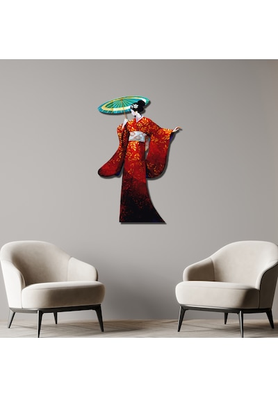 Geisha Japon Sanat Tasarımlı Metal Duvar Dekoru Kırmızı Kimono Figürü