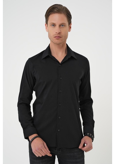 Efor Slim Fit Erkek Yaka Esnek Pamuk Klasik Beyaz Siyah Gömlek Gk 737 Siyah