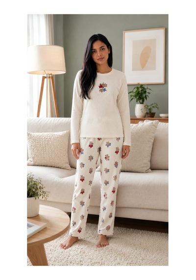 Pemilo Kadın 8811-5 Berlin Uzun Kol Sıfır Yaka Pijama Takım Beyaz