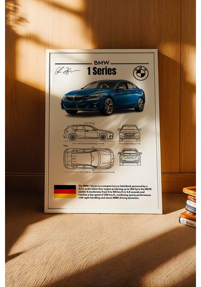 Bmw 1 Serisi Tablo - Teknik Özellikli Alman Spor Hatchback Poster - Çerçeve Duvar Dekoru - Blueprint Beyaz