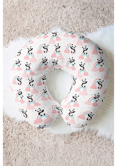 Panda Gökkuşağı Desenli Ergonomik Boyun Yastığı - Sevimli Pastel Pembe Mavi Seyahat Yastığı Çok Renkli