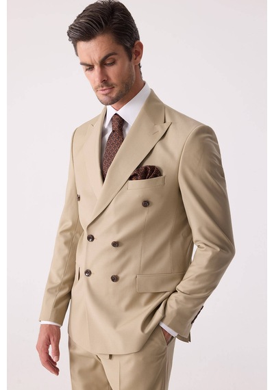 Erkek Bej Slim Fit Yün Kruvaze Takım Elbise
