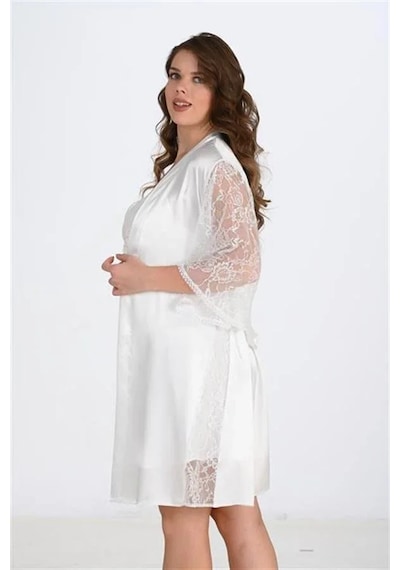 Ang Butik Kadın Premium Büyük Beden Saten Dantel İşlemeli Ekru 2'li Gecelik Sabahlık Takımı Bigsize