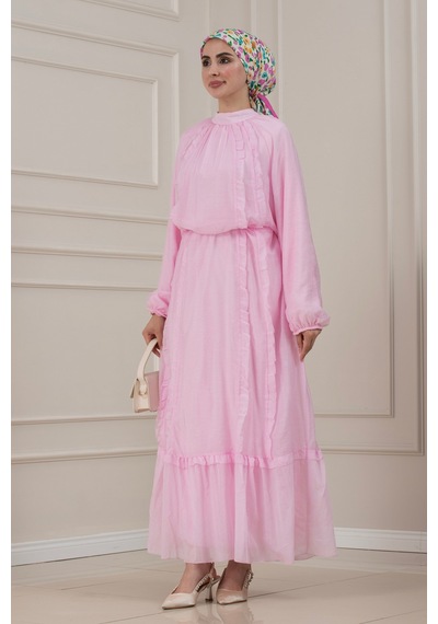 Sevitli Fırfır Detaylı Kuşaklı Eylül Elbise-pembe-5801