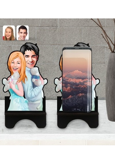 Kişiye Özel Sevgililer Karikatürlü Ahşap Biblo Telefon Standı-87