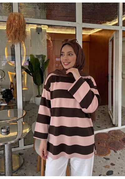 Trend Paris Çizgili Yanı Yırtmaçlı Rahat Kalıp Tunik Bluz Açık Pembe 40