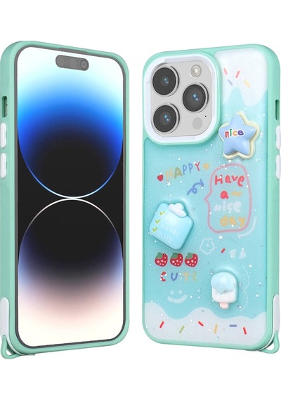 Nourthkiingdom Apple Uyumlu iPhone 14 Pro Max Kılıf Parlayan Sıvılı Simli Kabartma Figürlü Nrtk Cevze Kapak-yeşil Yeşil