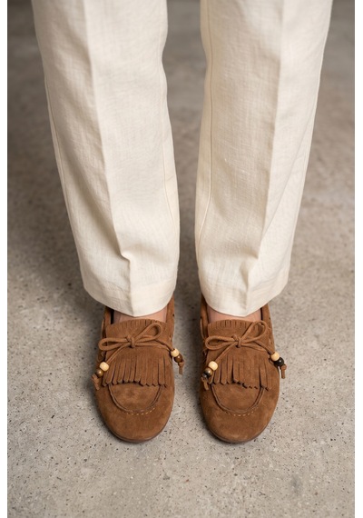 Giamgia Store Püsküllü Boncuk Detaylı Taba Süet Makosen Loafer Ayakkabı-2365