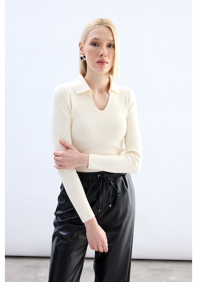 Sateen Polo Yaka Triko - Ekru-132061 Ekru