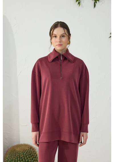 Aker Bordo Yakası Ve Yan Yırtmaçları Fermuarlı Modal Sweatshirt Bordo Bordo