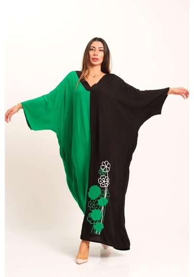 Keyifli Moda Kadın Yeşil Siyah Garnili V Yaka Eteği Nakışlı Cepli Oversize Uzun Elbise - Yesıl Yeşil