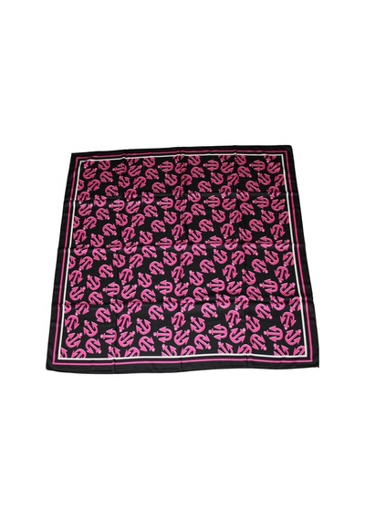 Tikitonki Pembe Çapa Figürlü Saten Siyah Eşarp - Kare Kesim 90x90 Çok Renkli Çok Renkli
