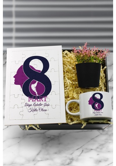Kadınlar Gününe Özel Puzzle & Motto Fincan & Yapay Çiçek Hediye Seti Kadınlar Günü Hediyesi
