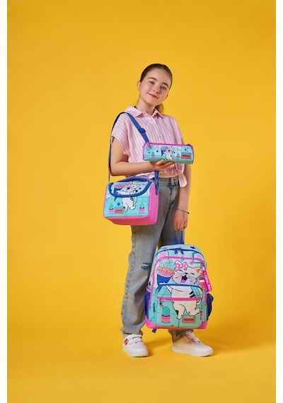 Coral High Kids Turkuaz Pembe Dondurmalı Kedi Desenli 3 Lü Okul Çanta Seti Set0123751 Çok Renkli
