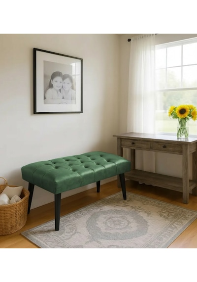 Waterybrook Bench Bank Puf - Suni Deri - Siyah Ahşap Ayaklı - Retro Modern Tasarım & Dekoratif Sehpa Yeşil