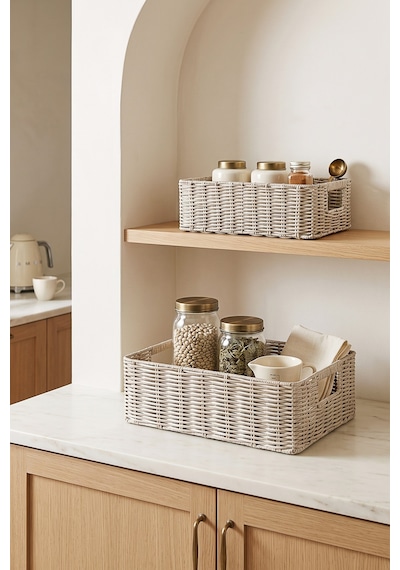 Ocean Home Textile 2'li Yıkanabilir Gri Pp Rattan Sepet Set 33 X 23 X 11 / 39 X 29 X 13 Cm