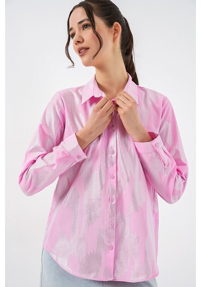 Hiccup Bdart Bol Kesim Soyut Desenli Düğmeli Gömlek Allık Pembe