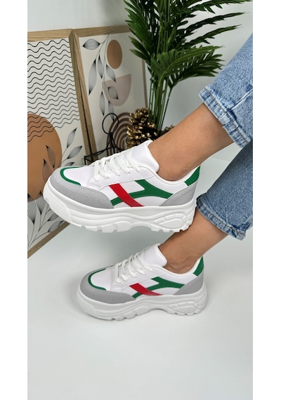 Günlük Kadın Sneaker Kalın Yüksek Taban Bağcıklı Rahat Tiger Şeritli Spor Ayakkabı 032 08-taş Yeşil Kırmızı