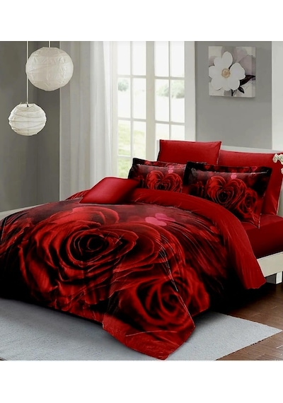 240x260 Cm Çift Kişilik Nevresim Takımı Pamuk Saten Çeyizlik Premium Güllü Kalpli Lüx Marka Kırmızı Kırmızı Gül