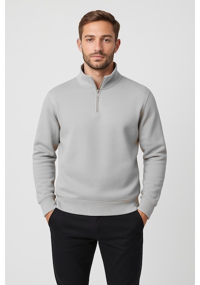 We&me Regular Fit Yarım Fermuarlı Dik Yaka Basic Sweatshirt Gri