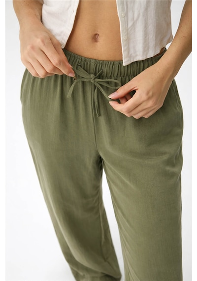 Fashion Friends Geniş Paça Keten Haki Kadın Pantolon 26y0608k1