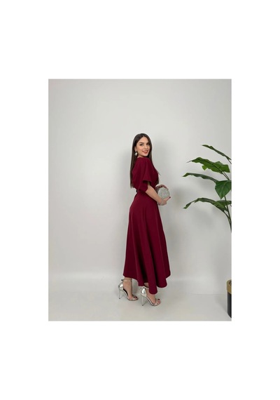Afiş Butik Kemer Detaylı Yuvarlak Yaka Yırtmaçlı Piliseli Midi Elbise Bordo Bordo