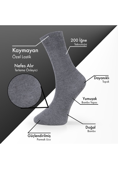 Saf Bambu Erkek Soket Uzun Düz Gri Melanj Çorap Dikişsiz Premium Kutulu 6'lı L5952aznb Softaura
