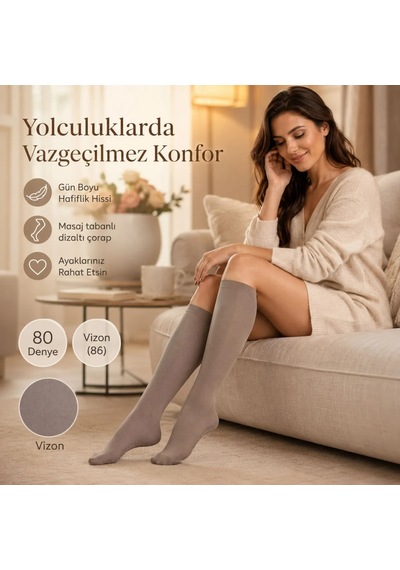 Genel Kadın 3'lü Anne Masaj Tabanlı Dizaltı Çorap 80 Denye Esnek Rahat Günlük Kul Vizon / 36-40 / 3 Adet