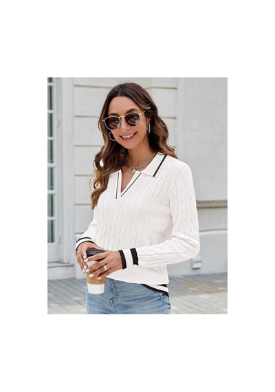 Youknitwear You Riviera Polo Yaka Kadın Kazak Beyaz Çizgili