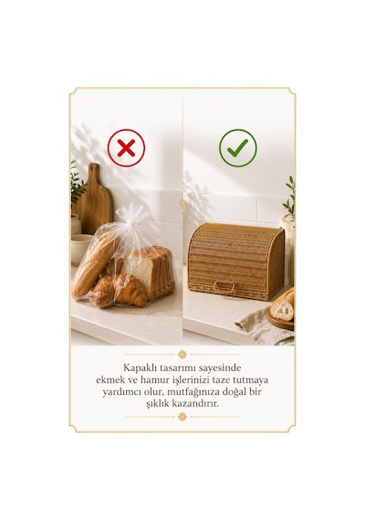 Ekmek Dolabı Kapaklı, Hasır Detaylı 35 Cm Krem