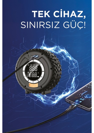 Torima Aps-03 Lastik Görünümlü Akü Takviye Hava Kompresörü & Powerbank 4 Ü 1 Arada