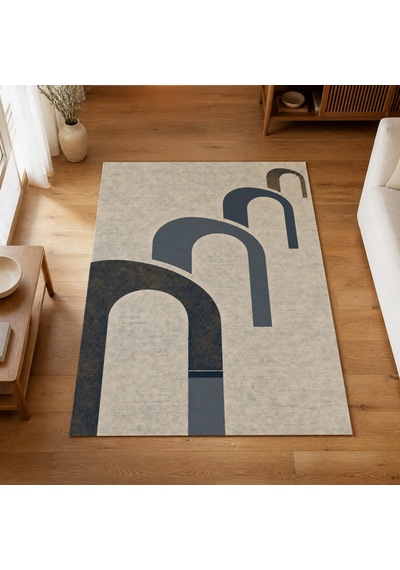 Kartela Halı Yankı Kemer Desenli Modern Halı Lacivert Kaymaz Taban Makinede Yıkanabilir 60x90 Cm