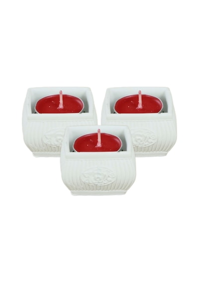 Mumluk Şamdan 3 Adet Tealight Uyumlu Üçlü Mini Çizgili Çiçekli Model - Beyaz