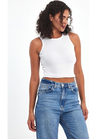 Comeor Kadın Beyaz Fitilli Görünümlü Askılı Kalın Esnek Örme Basic Crop Atlet Bluz Cmrb93