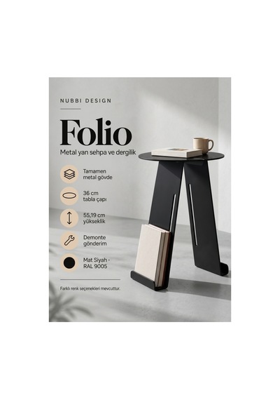 Folio Modern Metal Yan Sehpa Ve Dergilik, Yuvarlak Koltuk Kenarı Kitaplık Sehpa Siyah - 945341616 Siyah