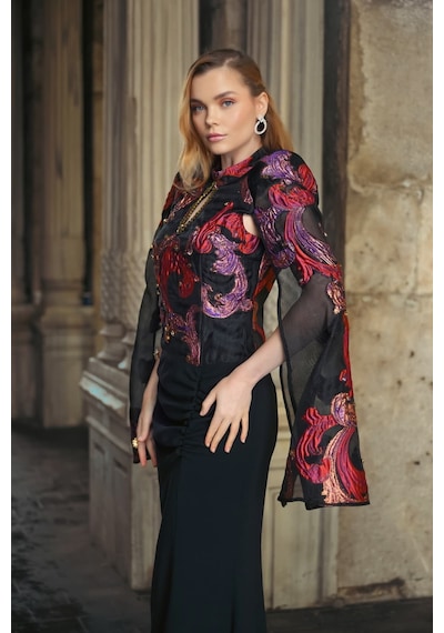 Crystalia Lauren Dress Krep Ve Jakar Kumaş Özel Tasarım - Siyah Siyah