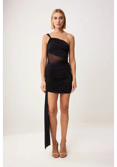 Benerly Kadın Asimetrik Yaka Kolsuz Mini Bodycon Örme Elbise Tül Detaylı Siyah