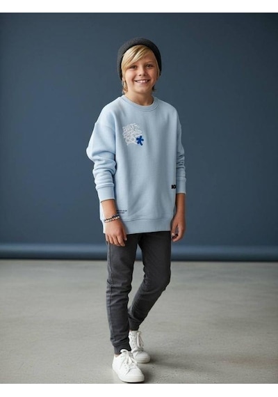 Zekids Erkek Çocuk Sırt Baskılı Tasarım Sweatshirt-16634 Mavi