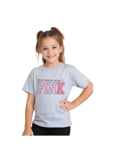 Panios Kids We Wear Pink Baskılı Kız Çocuk Kısa Kollu T-shirt Gri