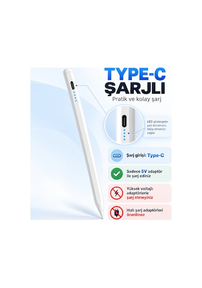 Samsung Galaxy A11 Plus X230 Uyumlu Type-c Şarjlı Aktif Stylus Dokunmatik Ekran Kalemi Not & Çizim Beyaz