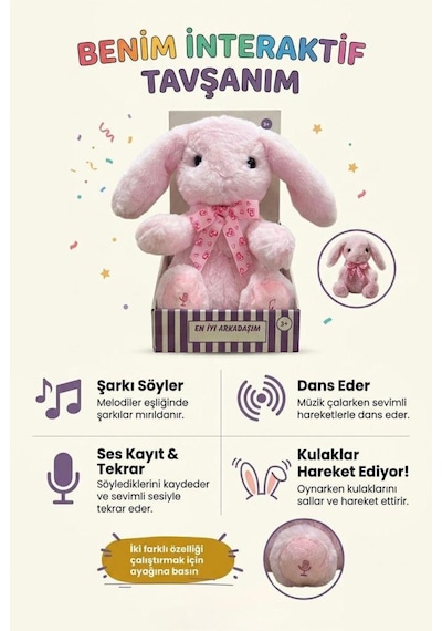 Pembe Tavşan Arkadaşım Sesli Müzikli Ses Kaydı Ve Ses Tekrarı Yapan Hareketli Kulaklı Oyuncak Peluş
