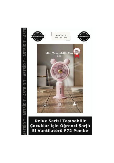Delux Serisi Taşınabilir Çocuklar İçin Öğrenci Şarjlı El Vantilatörü F72 Pembe