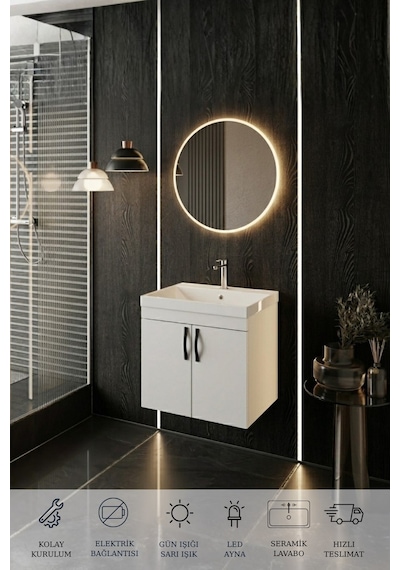 Ege 60 Cm Led Aynalı, 2 Kapaklı Banyo Dolabı Seti, Seramik Lavabo Dahil, Led'li Beyaz Ege 60 Cm Led Aynalı, 2 Kapaklı Banyo Dolabı Seti, Seramik Lavabo Dahil, Led'li Beyaz
