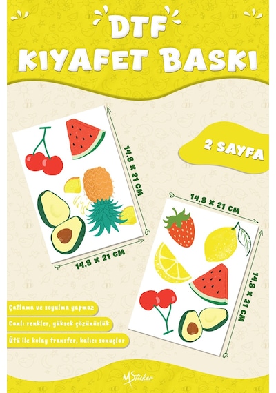 Kumaşa Baskı Yapılabilen Özel Tasarım Ütü Ile Yapışan Tekstil Dtf Baskı Görseli Meyveler 2 Temalı Çok Renkli